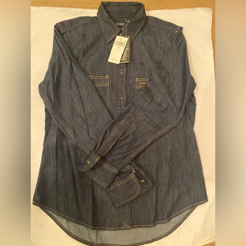 Lauren Ralph Lauren dark blue Denim long sleeve roll up shirt Size MEDIUM - Picture 7 of 8
